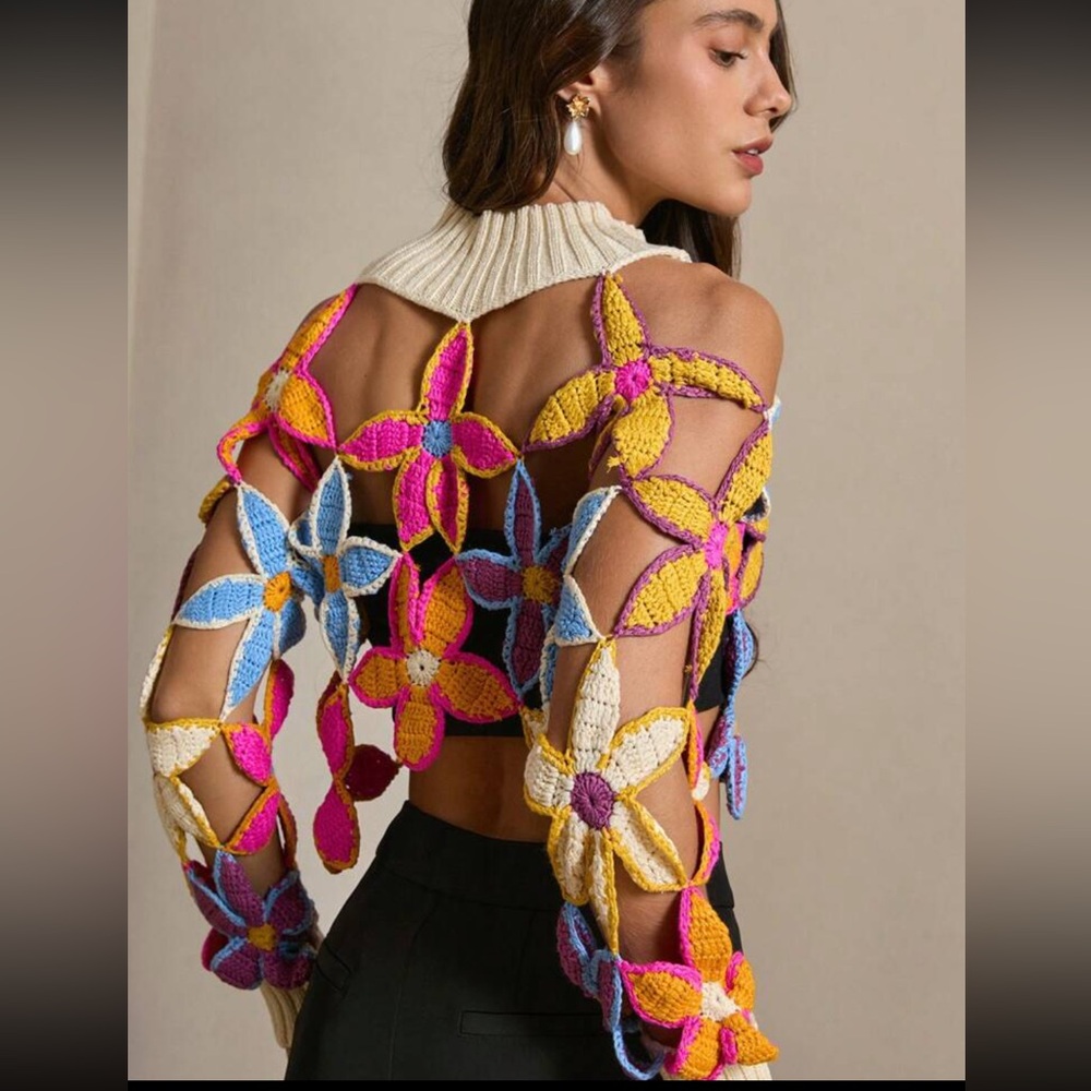 Floral crochet knit sweater mock turtleneck neck rainbow multicolor cropped NWT - Picture 4 of 6